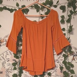 Mossimo Supply Co. Peach Flowy Over the Shoulder Blouse with Ruffled 3/4 Sleeves